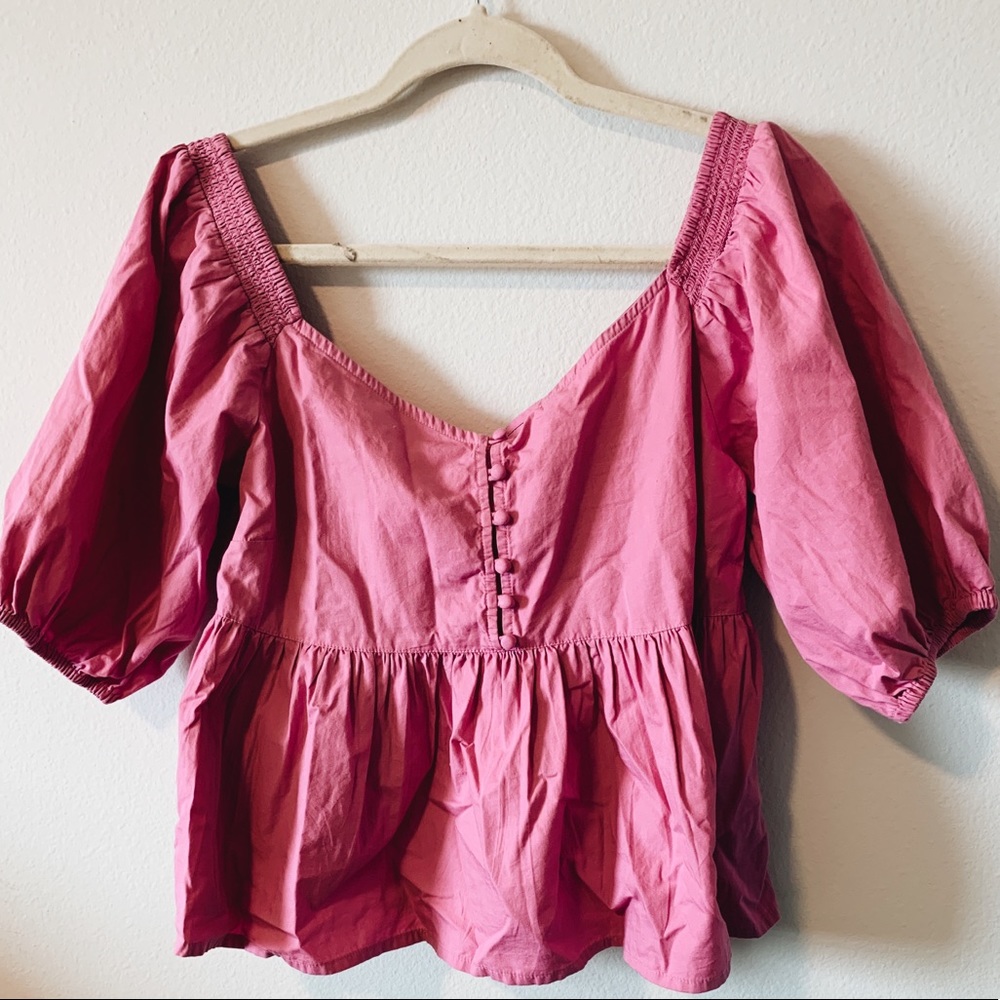 Free People Pink Sweetheart Puff-Sleeved Blouse